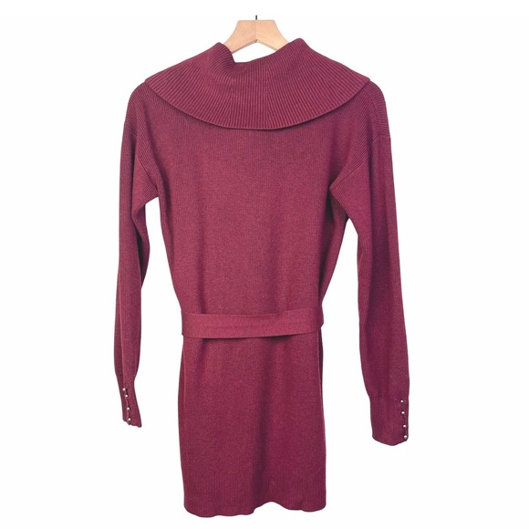White House Black Market Burgundy Cowl Neck Belted Sweater Dress Size M - Picture 6 of 8